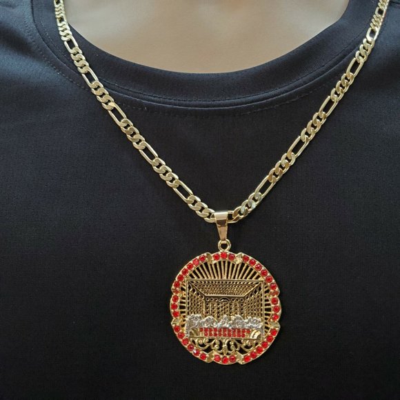 Mens 14k Gold Plated Last Supper Pendant 24" Figaro Chain. La Ultima Cena. - Picture 3 of 3